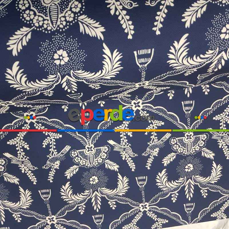 Lacivert Beyaz Kuş Desenli Fon Perde Evm716 Kumaşı Kalındır Duck Bezi Değildir- Lacivert-Beyaz