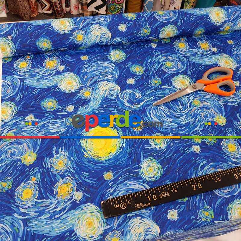 Van Gogh Yıldızlı Gece Desenli Fon Perde Evm679 Kumaşı Kalındır Duck Bezi Değildir- Mavi-Sarı-Beyaz-Mavi Açık-Mavi Koyu