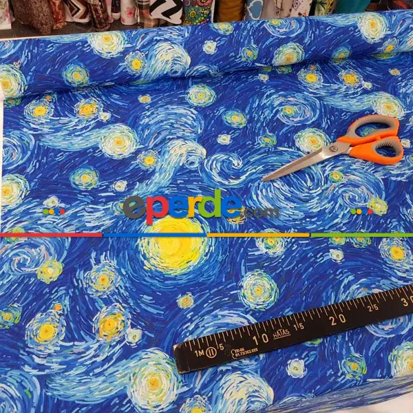 Van Gogh Yıldızlı Gece Desenli Fon Perde Evm679 Kumaşı Kalındır Duck Bezi Değildir- Mavi-Sarı-Beyaz-Mavi Açık-Mavi Koyu