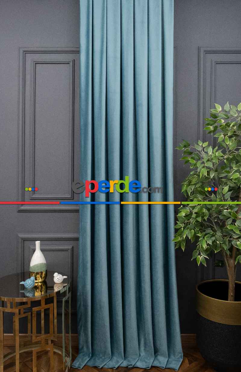 Yatak Odası - İthal Kadife Fon Perdelik Geniş Enli ( Turkuaz)