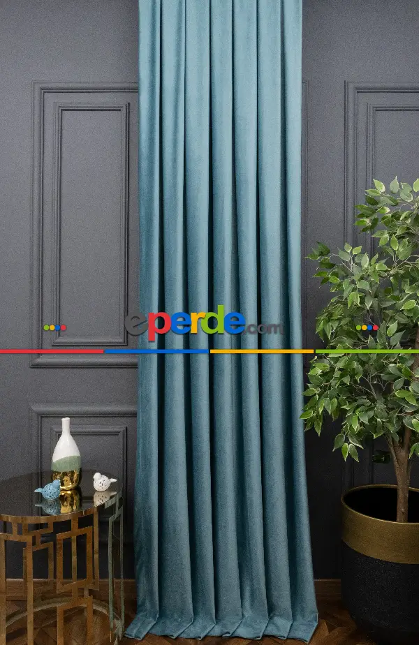 Yatak Odası - İthal Kadife Fon Perdelik Geniş Enli ( Turkuaz)
