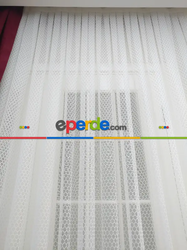 Petek Desenli Tül Perde- Ekru