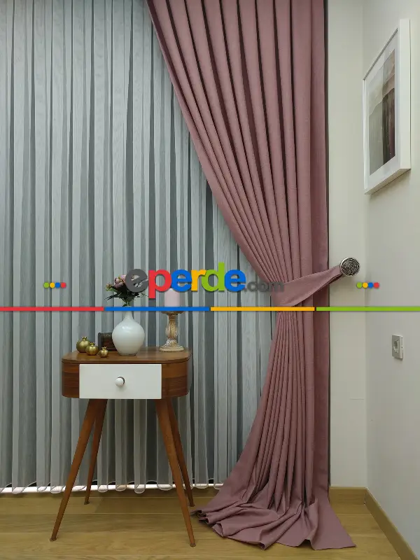 Yatak Odası - Keten Gül Kurusu Renk Düz Fon Perde- Pudra