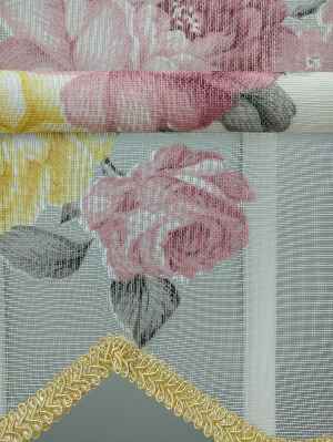 Sarı Pembe Çiçek Desenli Tül Stor Çiftli Sistem Perde- Sarı-pembe