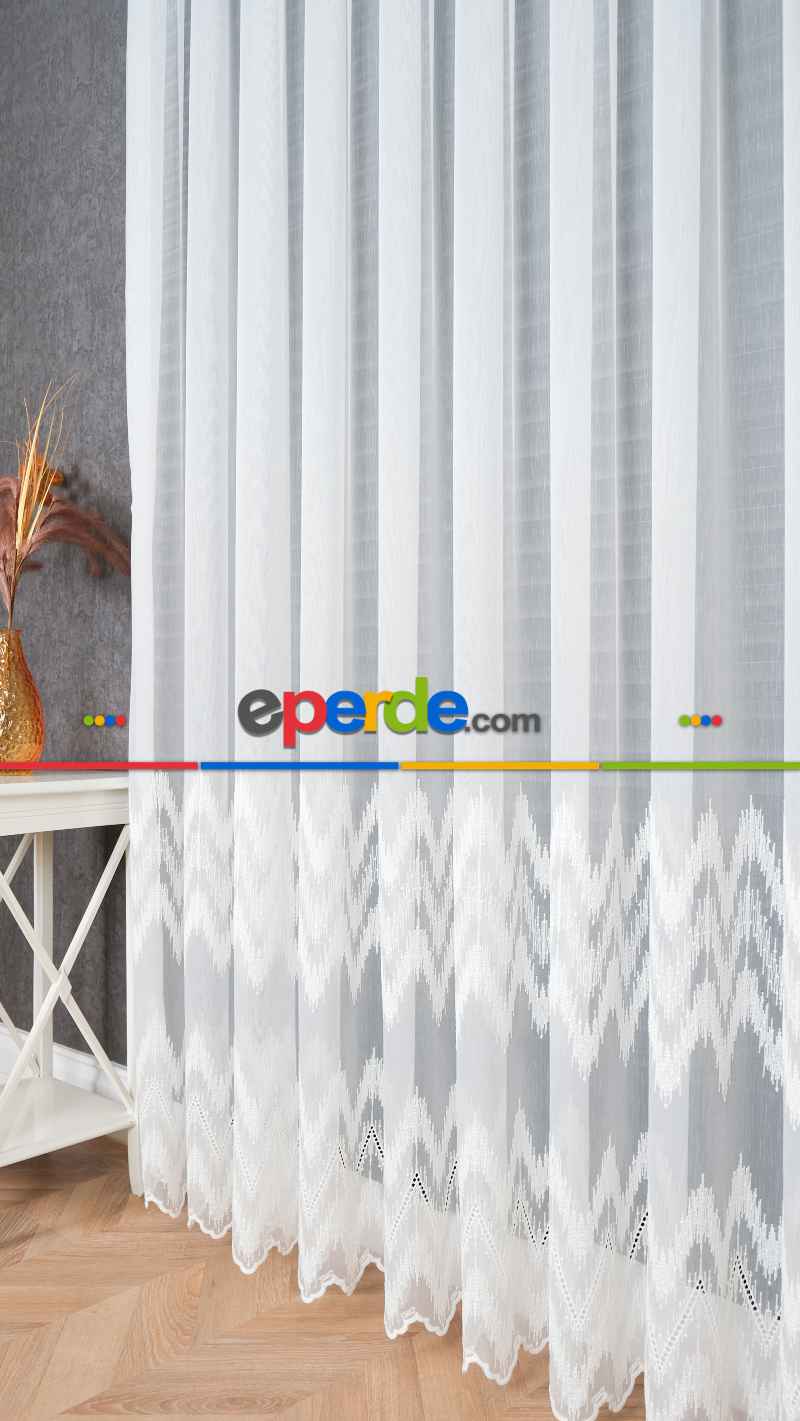 Taç Ekru Hafif Simli Nakışlı Tül Perde