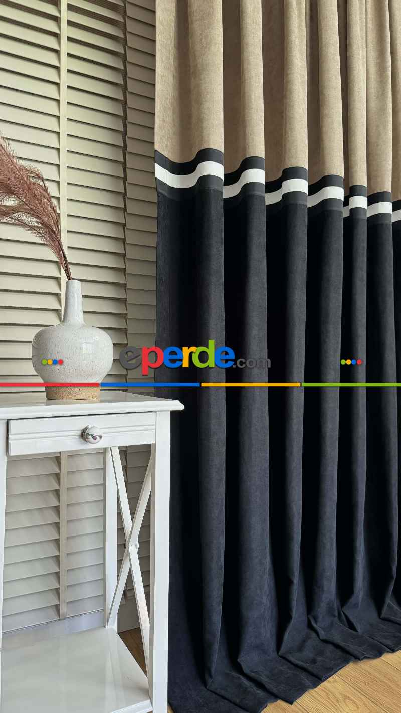 Siyah Ve Bej Rengi Kombinli Fon Perde, İki Kumaş Bordür İle Birleştirilmiştir, Özel Tasarımdır.