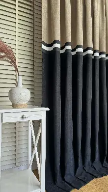 Siyah Ve Bej Rengi Kombinli Fon Perde, İki Kumaş Bordür İle Birleştirilmiştir, Özel Tasarımdır.