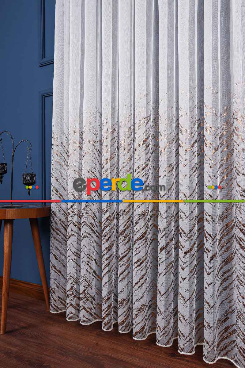 Salon Tül - Larissa Dijital Baskılı Tül Perde Ekru-gold