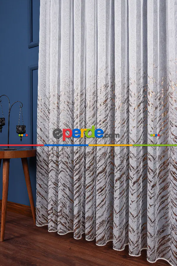 Salon Tül - Larissa Dijital Baskılı Tül Perde Ekru-gold