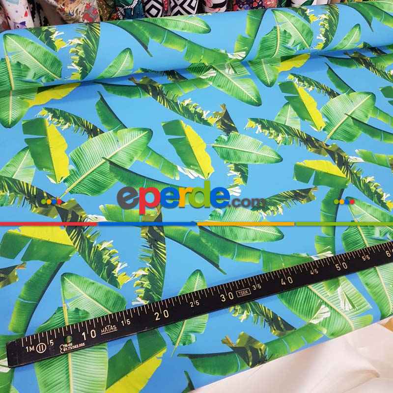 Tropikal Desenli Fon Perde Evm436 -t - Kumaşı Kalındır Duck Bezi Değildir.- Yeşil-Mavi