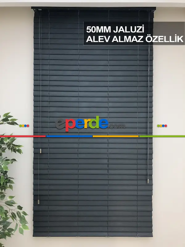 50mm Siyah Ahşap Efektli Jaluzi Perde Alev Almaz Özellik- Siyah
