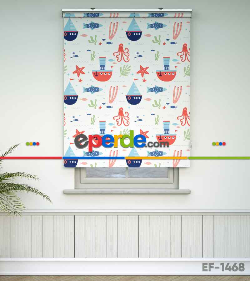 Çocuk Odası Stor Perde - Denizci Desenli Baskılı Stor Perde- Çok Renkli