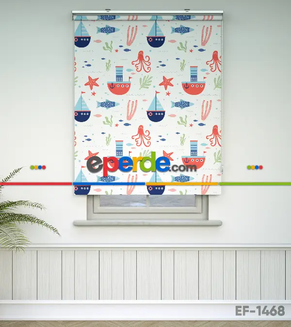 Bebek Odası - Denizci Desenli Baskılı Stor Perde- Çok Renkli