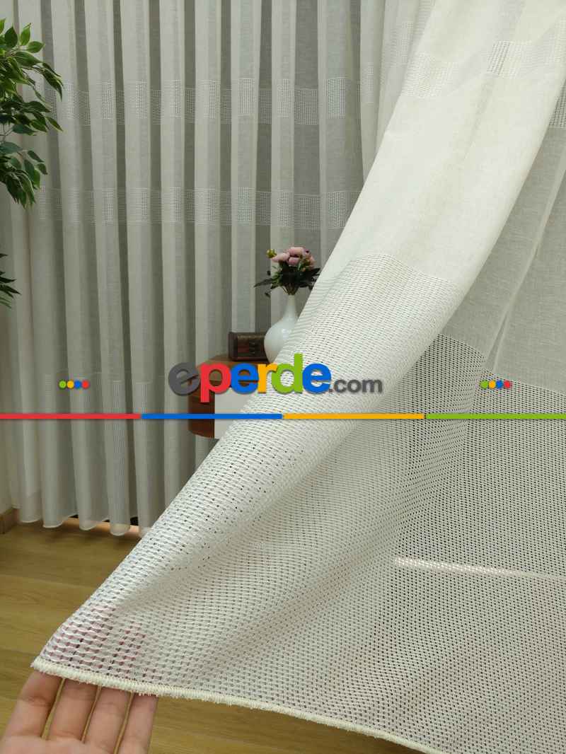 Mutfak - Bantlı Keten Doğal Tül Perde- Krem