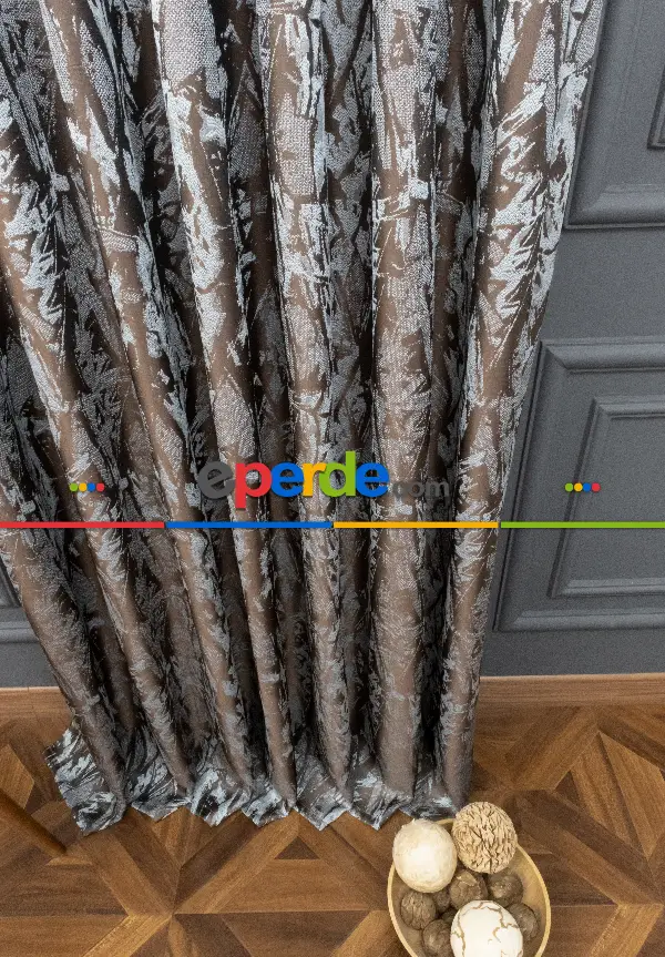 Evce Jakar Dokuma Fon Perde Zemin Kahve (açık Mavi) Desen