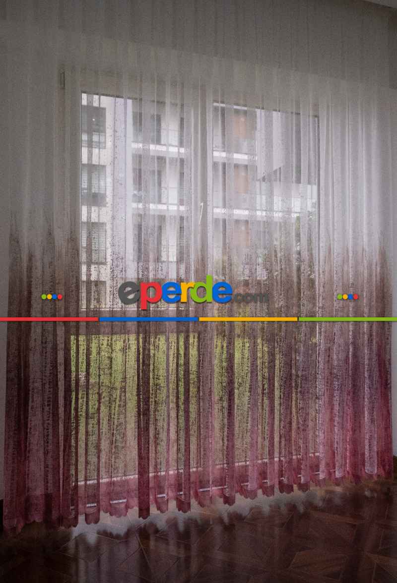 Modern Pembe Ve Kahverengi Desenli Degrade Geçişli Örme Tül Perde Yüksek Kalite