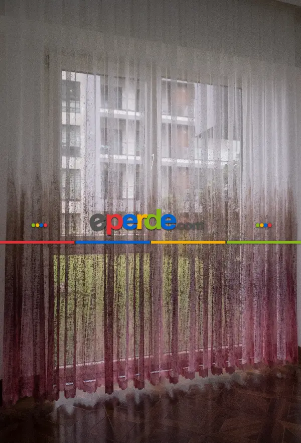 Modern Pembe Ve Kahverengi Desenli Degrade Geçişli Örme Tül Perde Yüksek Kalite