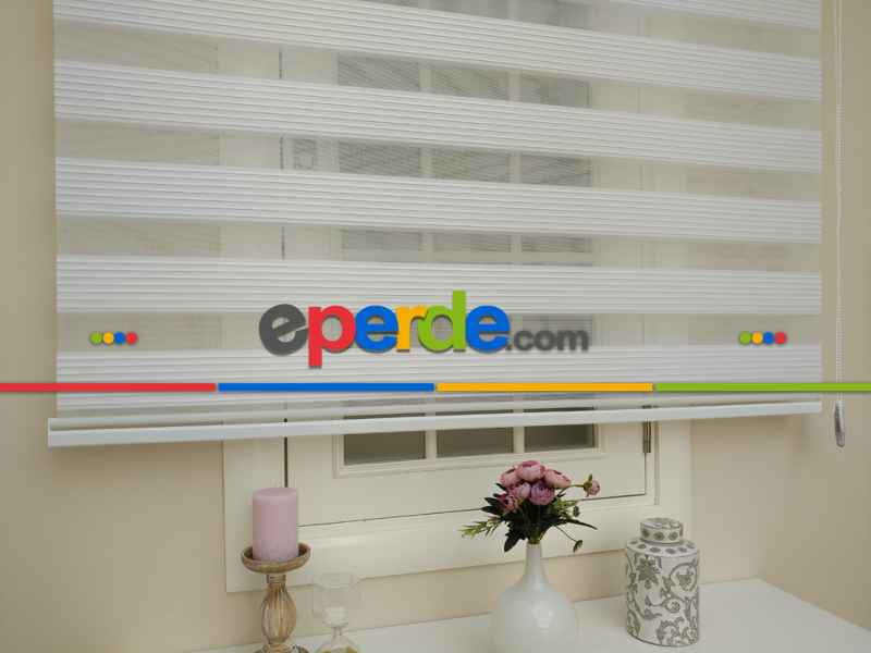 Mutfak Zebra Perde - Ekru Dar Düz Plise Zebra Perde Yüksek Kalite - Kornişe Kolay Montaj Ayağı Seçenekli - Standart Metal Kasalı