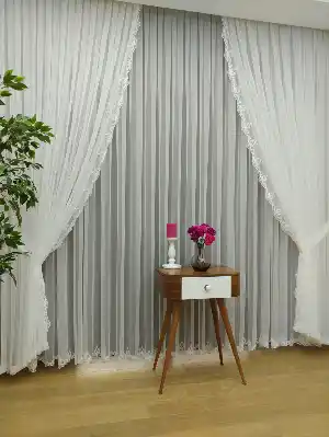 Fransız Dantel Tül Perde Salon Perdesi Etek Ucu Nakış (güpür) İşlemeli - 3- Ekru