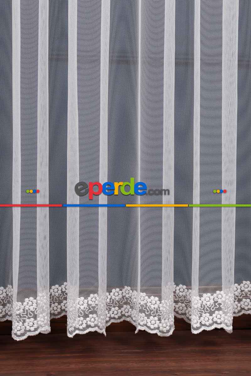 Grek Etek Ucu İşlemeli Nakış Tül Papatya Desen Ekru Renk Kırık Beyaz- Ekru - Kurşunlu Tül