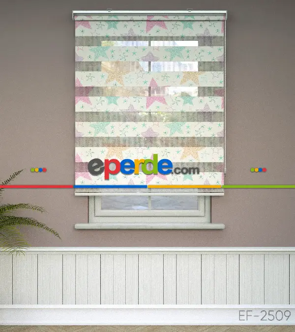 Yıldız Desenli Baskılı Zebra Perde- Çok Renkli