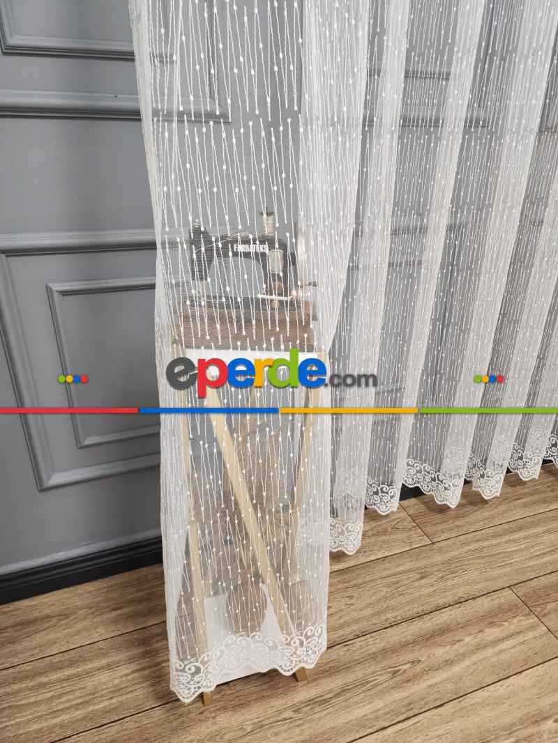 Taç - Brode İşlemeli Tül Perde - Yeni Nokta Çizgi Desenli - İşlemeli Nakışlı Tül Perde - Spor Desen