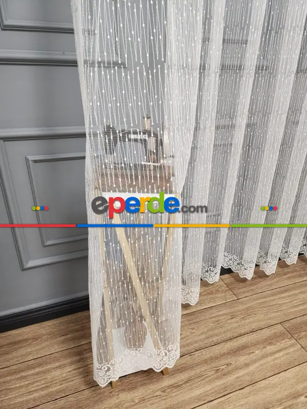 Taç - Brode İşlemeli Tül Perde - Yeni Nokta Çizgi Desenli - İşlemeli Nakışlı Tül Perde - Spor Desen