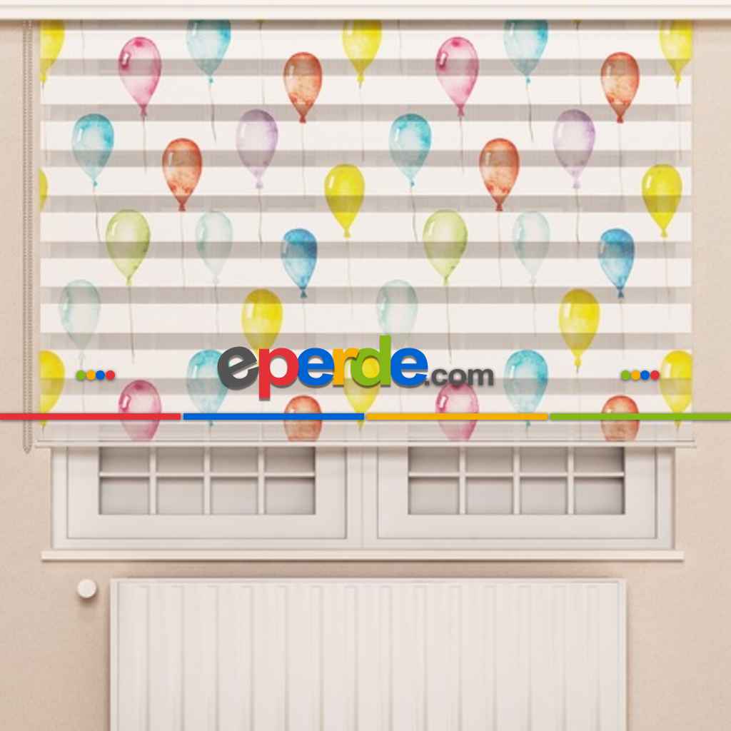 Balon Deseni Zebra Perde- Yeşil-mavi-sarı-beyaz