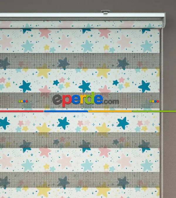 Yıldız Desenli Baskılı Zebra Perde- Çok Renkli