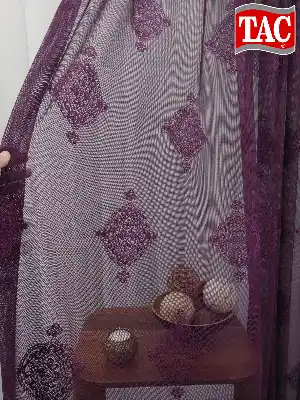 Patlıcan Moru - Damask Desenli Taç Tül Fon Perde- Mor Patlıcan Moru