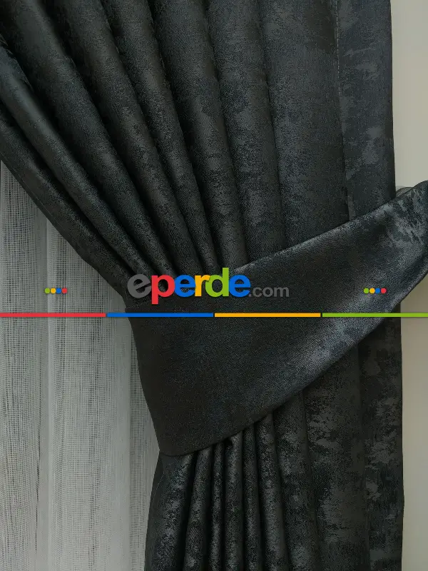 Antrasit Füme Renk Jakar Desenli Fon Perde- Antrasit