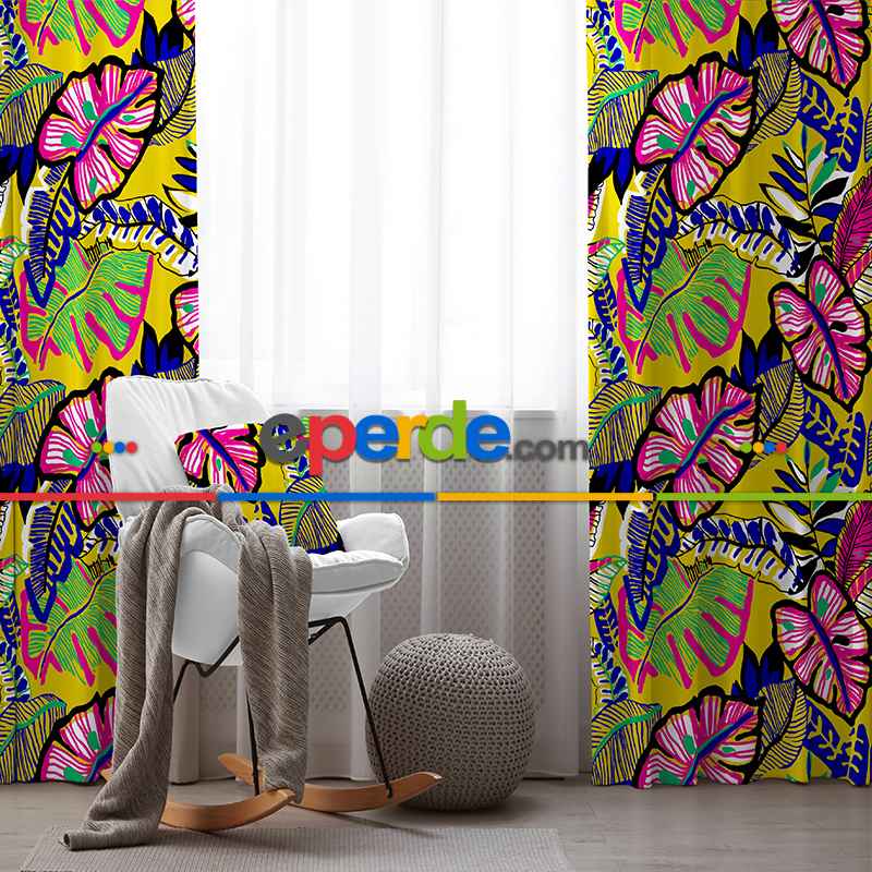 Tropikal Fon Perde Evim1555 Kumaşı Kalındır Duck Bezi Değildir- Mavi-beyaz