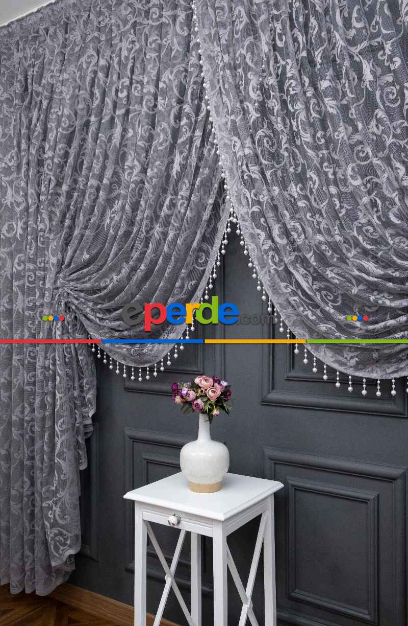 Gri Sarmaşık Desen Tül Kruvaze Şal Tül Perde Yanki Tül - Düz Model Sipariş Seçeneği - Yatak Odası Tül