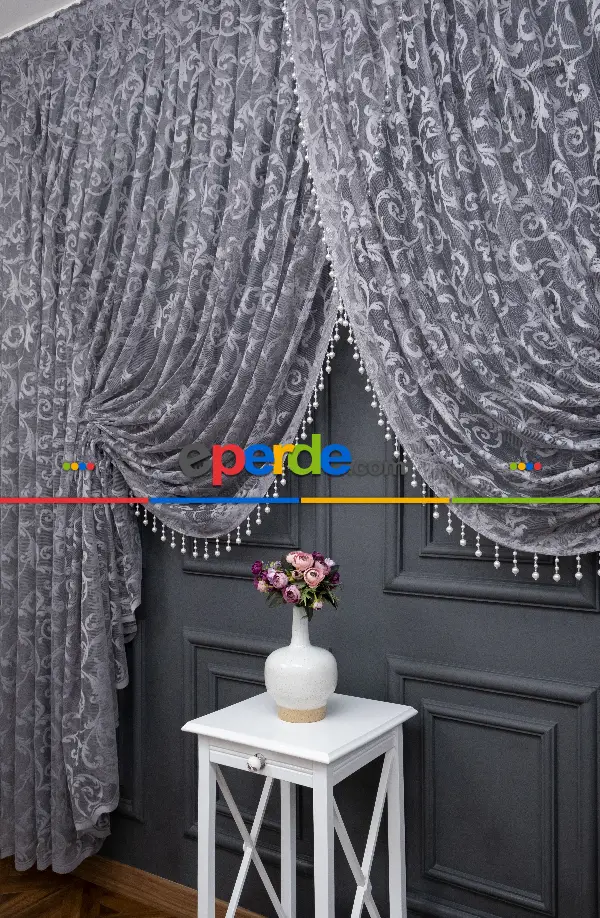 Gri Sarmaşık Desen Tül Kruvaze Tül Perde Yanki Tül