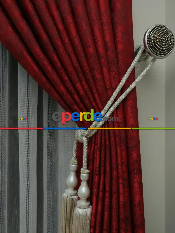 Kırmızı Bordo Renk Jakar Desenli Fon Perde - Bordo