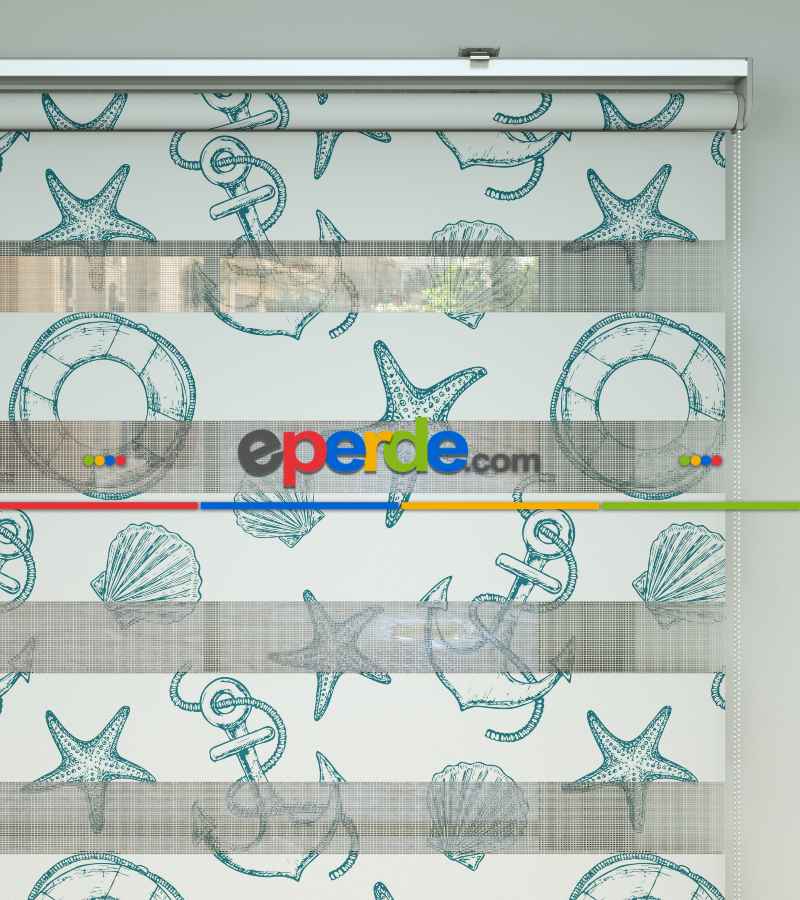 Çocuk Odası Zebra Perde - Gemivi Baskılı Zebra Perde- Beyaz-Turkuaz-Su Yeşili