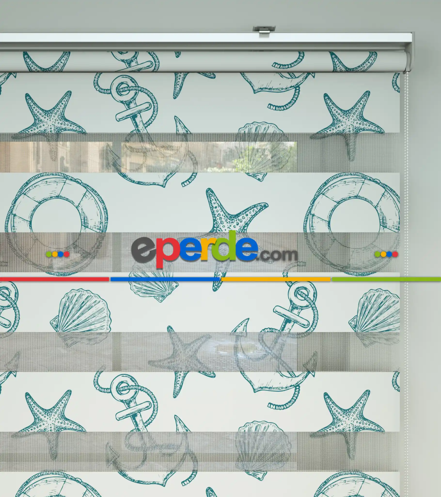 Bebek Odası Zebra Perde - Gemici Baskılı Zebra Perde- Beyaz-Turkuaz-Su Yeşili