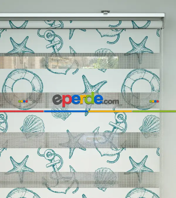 Bebek Odası Zebra Perde - Gemici Baskılı Zebra Perde- Beyaz-Turkuaz-Su Yeşili