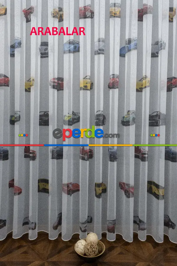 Çocuk Odası - Arabalar Desenli Modern Tül Perde - Elit Ürün