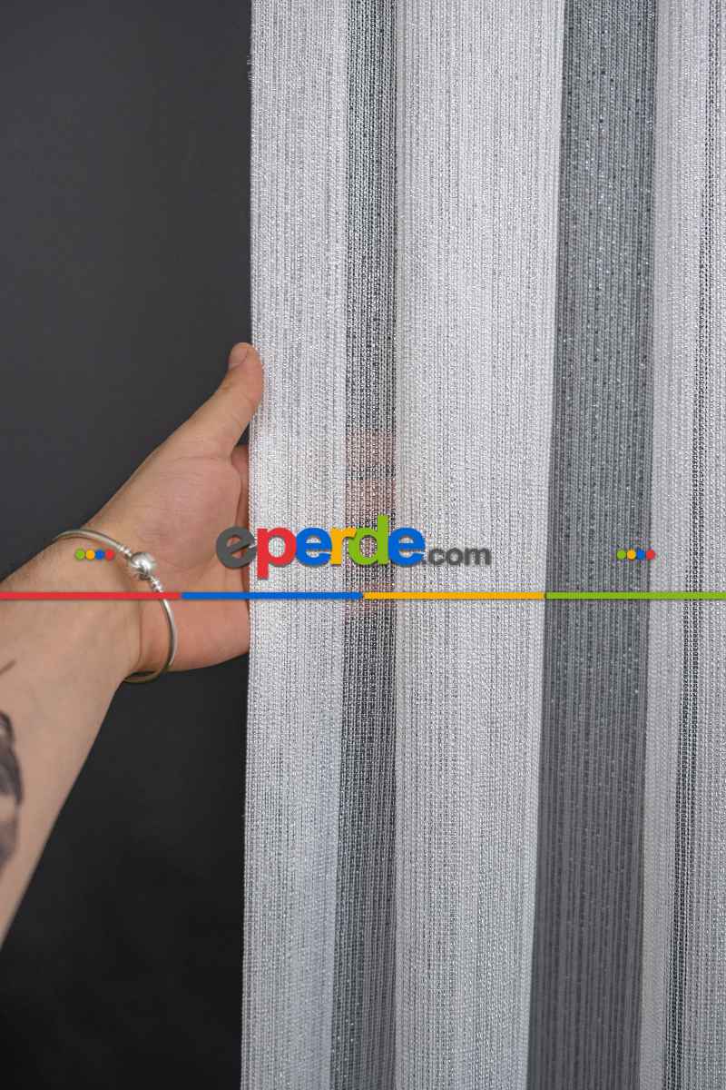 Çizgi Gümüş Simli Çelik Sim Çizgili Pırıltılı Işıltılı Tül Tasarım Perde