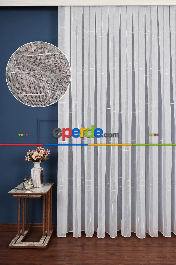 Bambu Zemin Geometri Nakış İşlemeli Tül Perde