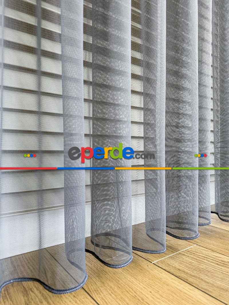 Koyu Gri Grek Zemin Düz Tül Perde - Kurşunlu