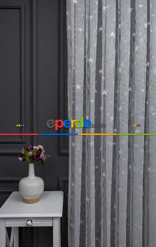 Yıldız Desenli Örme Tül Perde - Çocuk Ve Bebek Odası Perdesi