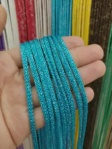 Mutfak İp Perde - Açık Mavi Rengi Simli İp Perde Jumbo Zincir Serisi- Mavi-gümüş