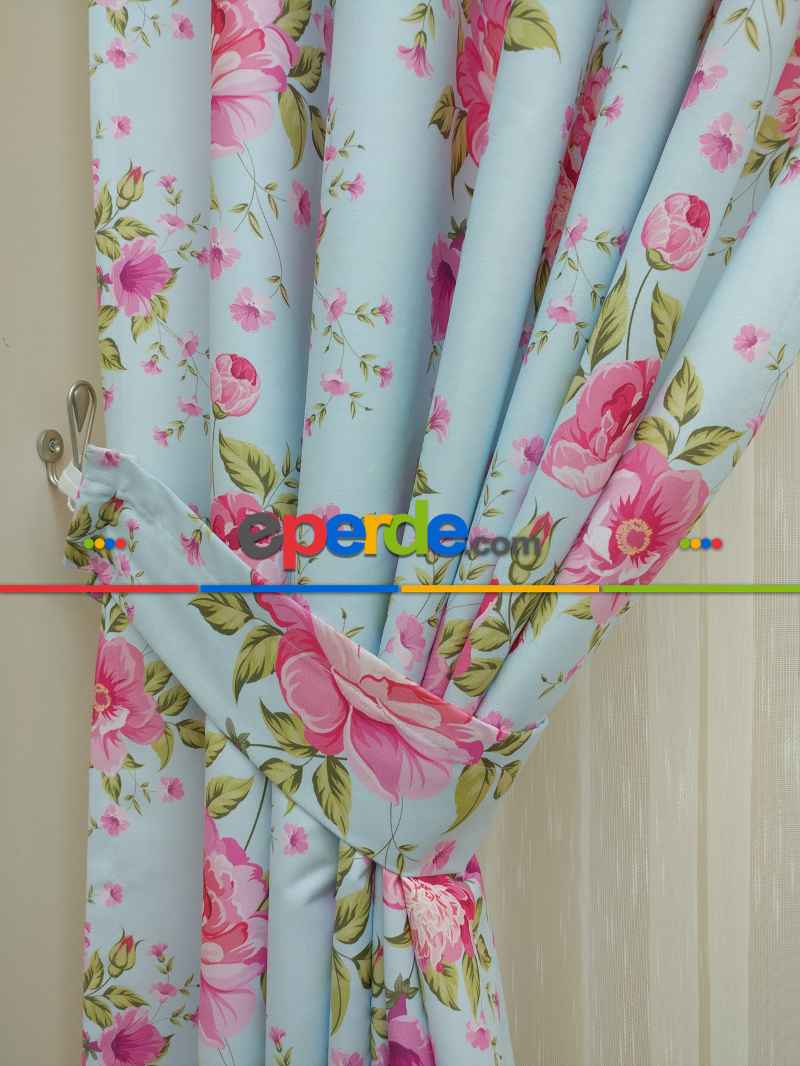 Yatak Odası - Çiçek Desenli Kaliteli Fon Perde Modelleri- Turkuaz-Pembe-Açık Yeşil