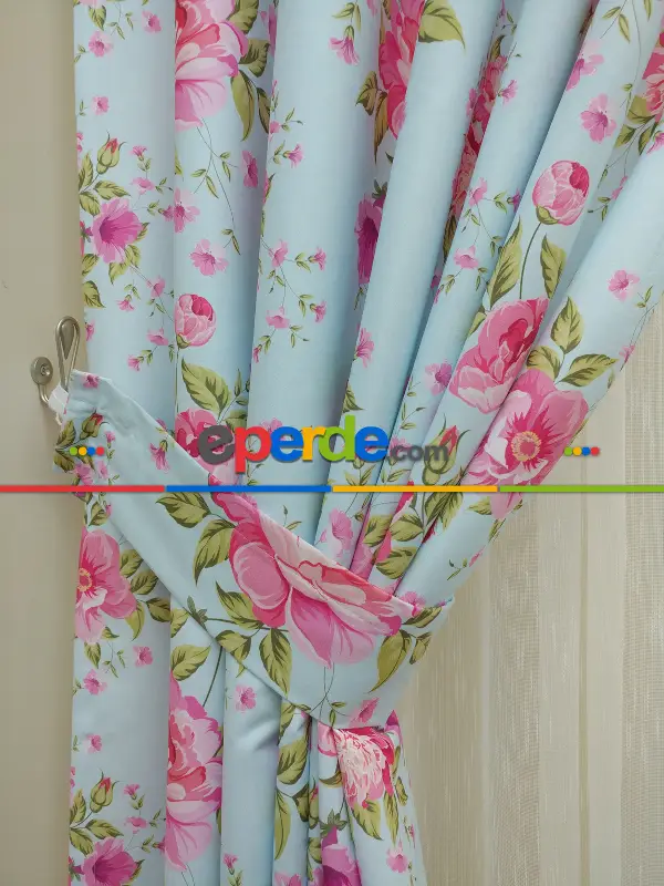 Yatak Odası - Çiçek Desenli Kaliteli Fon Perde Modelleri- Turkuaz-Pembe-Açık Yeşil