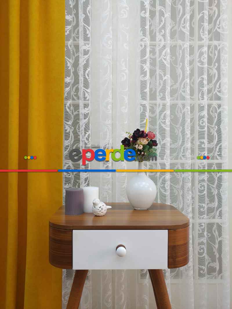 Oturma Odası - Sarmaşık Desenli Tül Perde- Ekru