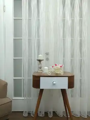 Krem Rengi / Pudra Detaylı - Boyuna Çizgili Keten Tül Perde- Krem-pudra - Kurşunlu Tül