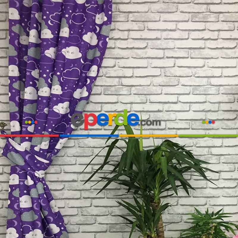 Bulut Desenli Fon Perde Evm683-3 Kumaşı Kalındır Duck Bezi Değildir- Beyaz-Mor-Lila Koyu Lila