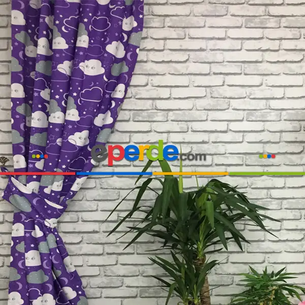 Bebek Odası Fon - Bulut Desenli Fon Perde Evm683-3 Kumaşı Kalındır Duck Bezi Değildir- Beyaz